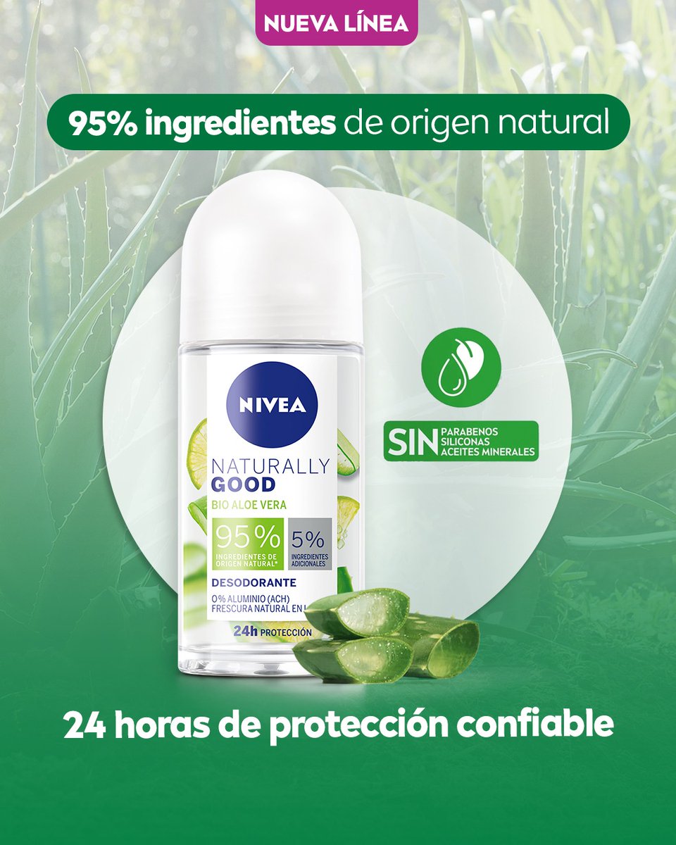 Nuestro Antitranspirante con Aloe Vera NIVEA Naturally Good te brinda 100%  de transparencia con los ingredientes utilizados en su frmula. 100% vegana  con aloe vera bio y 0% aluminio, le proporciona a