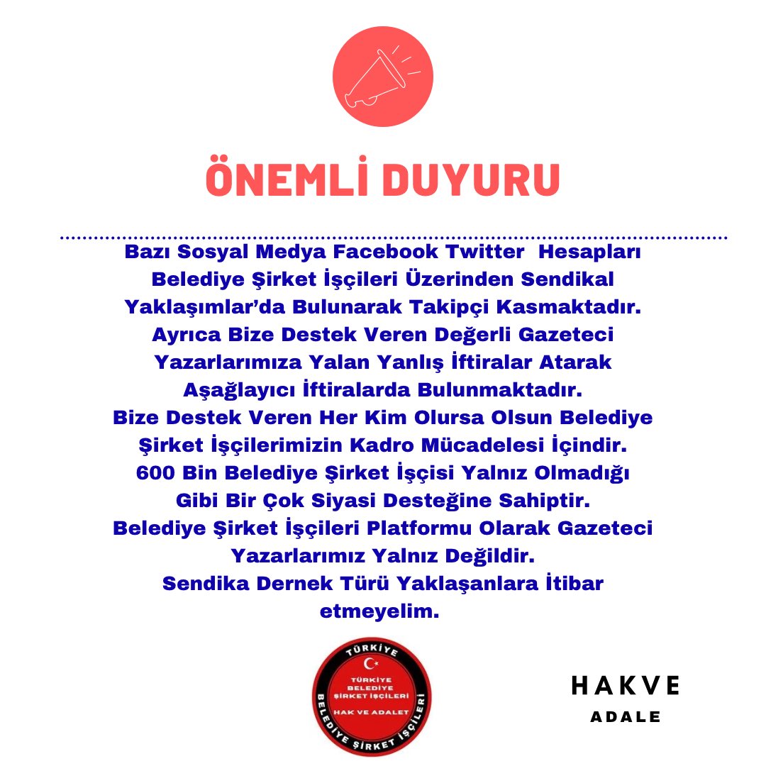 KAMUOYUNA DUYURU !!! 600 Bin Belediye Şirket İşçisi Kadro Mücadelesi İçin Sahalardadır. Yanımızda Olup Destek Veren Siyasi Bürokratlarımız Yalnız Değildir. 4/D norm Kadromuzu Alana Kadar Durmak yok yola devam .