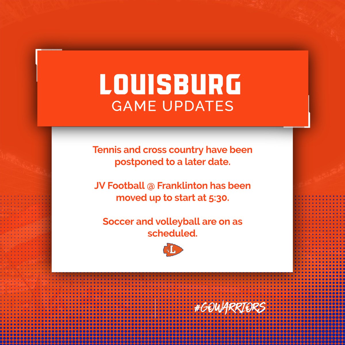 Louisburg Warriors Athletic Dept. (@lhsathleticsfcs) on Twitter photo We have a few changes for this afternoon's athletic events. See below! If other changes are made, we will get it out to everyone ASAP. <a href="/FCSchoolsNC/">Franklin County Schools</a> <a href="/TarRiverPreps/">Matt Page (Tar River Preps)</a> <a href="/LouisburgHSFCS/">Louisburg High</a> We have a few changes for this afternoon's athletic events. See below! If other changes are made, we will get it out to everyone ASAP. <a href="/FCSchoolsNC/">Franklin County Schools</a> <a href="/TarRiverPreps/">Matt Page (Tar River Preps)</a> <a href="/LouisburgHSFCS/">Louisburg High</a>