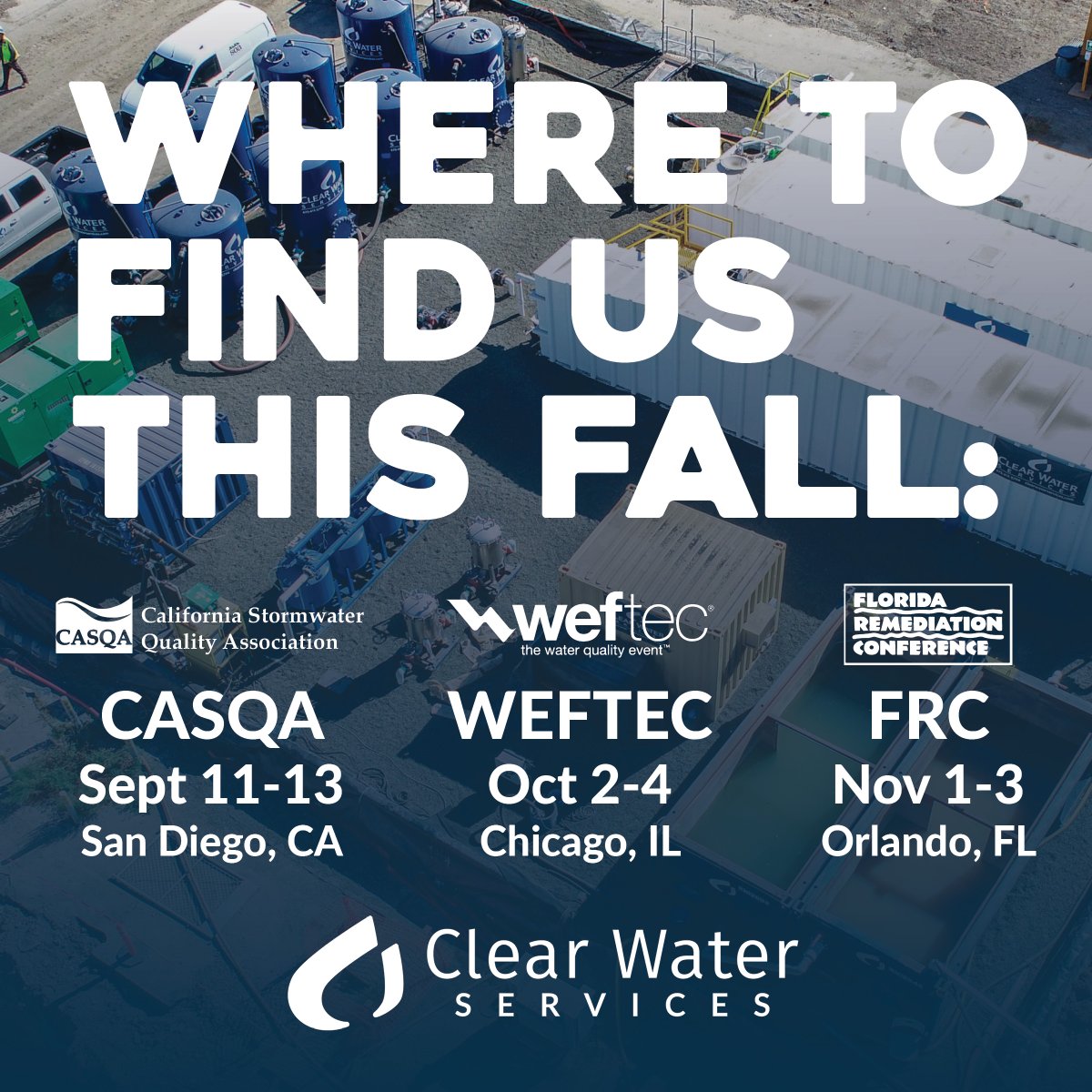 We're looking forward to some great events this fall! Chat with us at #CASQA in San Diego, #WEFTEC in Chicago, or the #FRC Florida Remediation Conference in Orlando. We'll be exhibiting at all three events with teams standing by to talk all things water treatment! #watertreatment
