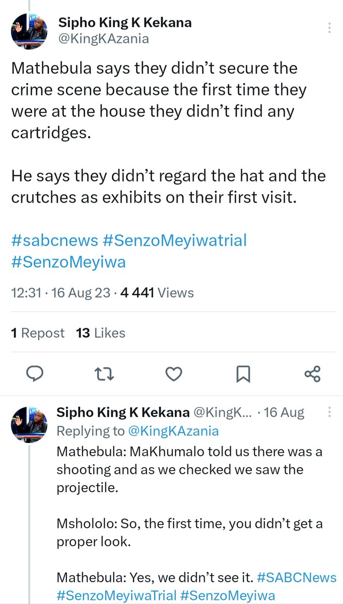 MissBaloyi_'s tweet photo. @KingKAzania Evidence regarding the spent bullets/bullet head;
F1-F3: Mathebula
#Mathebula saw a hat & cratch in the kitchen during the 1st visit π€ #Mthethwa witnessed #MaKhumalo holding the hat from the from the dining room during the 2nd visit?
π§΅
#SenzoMeyiwaTrial #SenzoMeyiwa https://t.co/DfbDIe9L0F