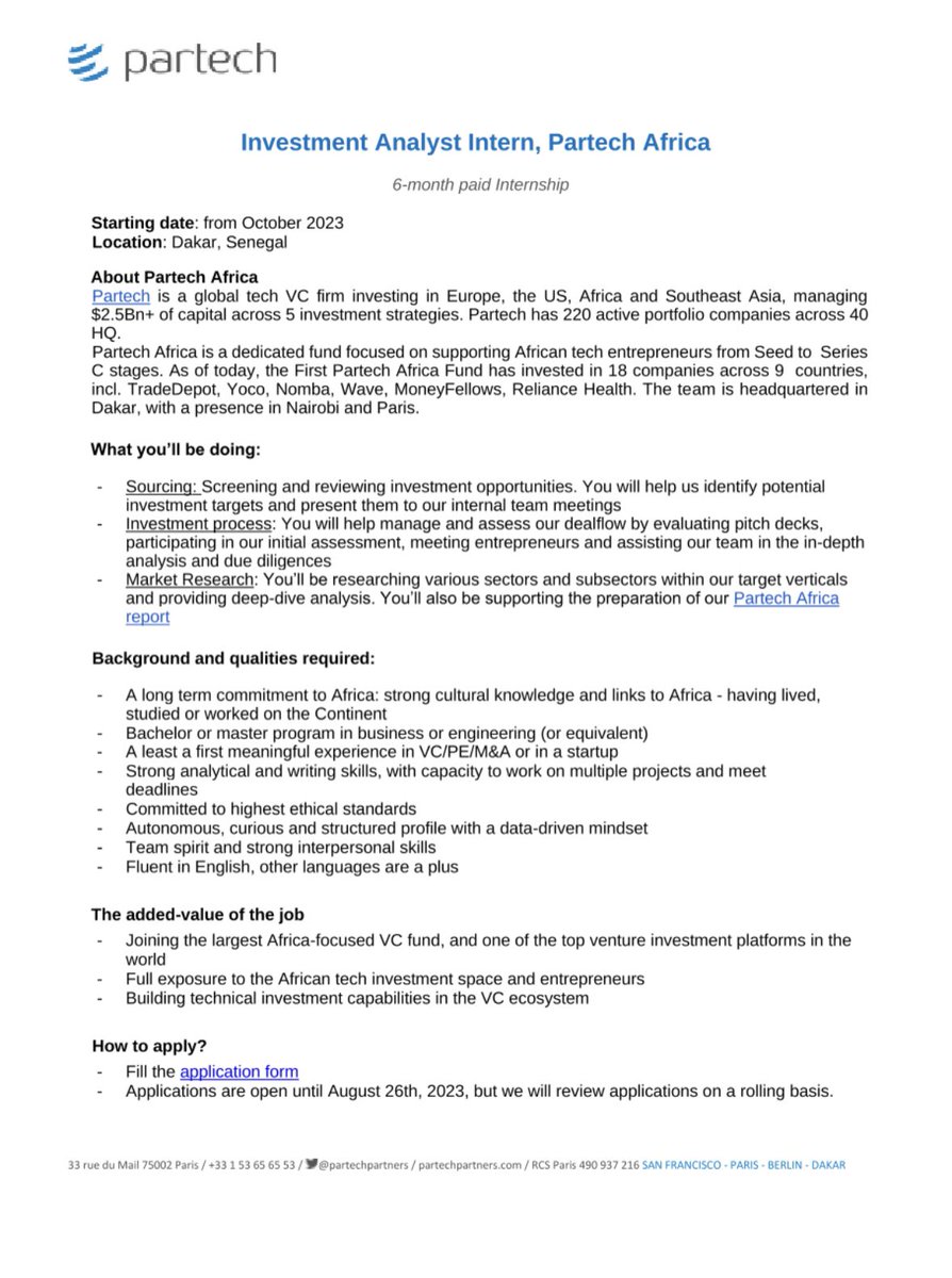 We <a href="/PartechPartners/">Partech</a> Africa are looking for our next intern 👀

If you’re interested in VC and passionate about Africa tech - apply by Friday September 1st! 🚀🌍

Come work with me and the absolute dream team <a href="/matthieumrch/">Matthieu Marchand 🌍🌏🌎</a> <a href="/MarieBenrubi/">Marie Benrubi</a> <a href="/SabrineChahrour/">Sabrine_Chahrour</a> <a href="/tidjanedeme/">Tidjane DEME</a> <a href="/RomaneAssou/">Romane</a>!