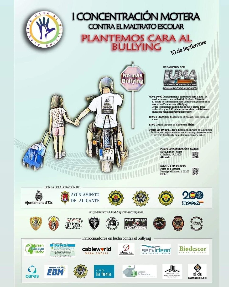 🖐Plantemos cara al #bullying 
¿Cuándo y dónde? Todos los días y en todas partes

👉Empecemos por esta iniciativa el 10 de septiembre en #Alicante 

Recaudación a favor de la asociación #PlantaleCaraAlBullying

Un <a href="/policia/">Policía Nacional</a> explicará nuestra labor de prevención del #AcosoEscolar