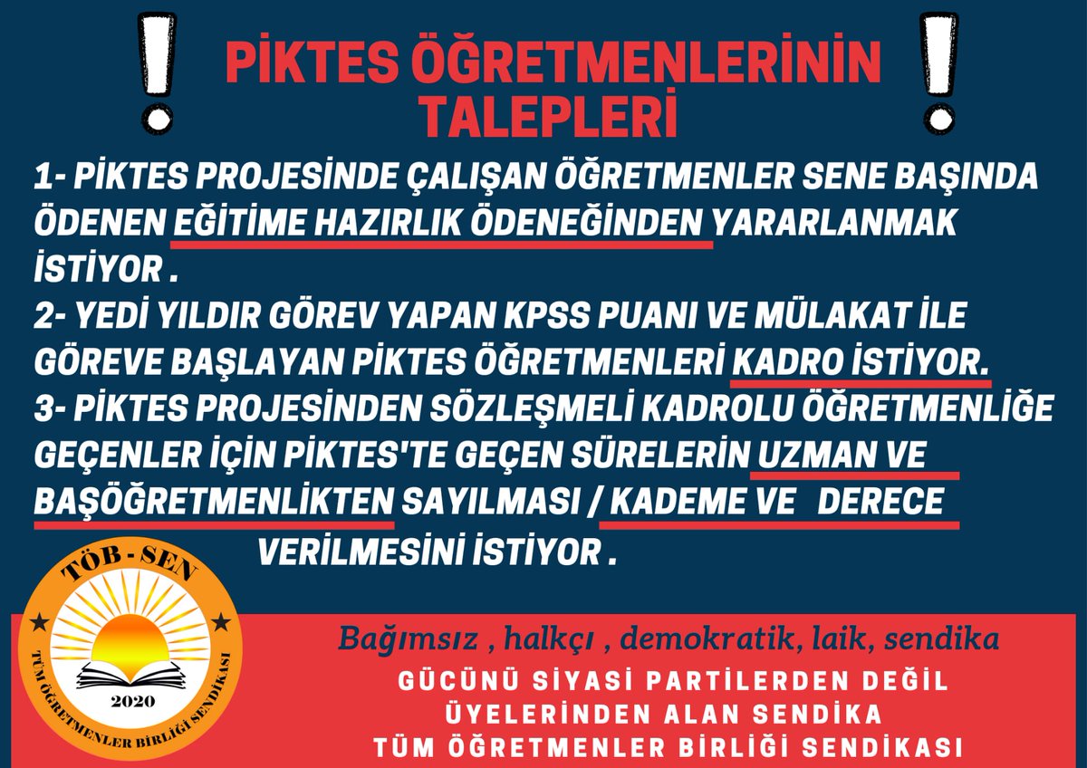 #PiktesOgretmenleriSesleniyor 
<a href="/sendikatobsen/">TÖB-SEN / TÜM ÖĞRETMENLER BİRLİĞİ SENDİKASI</a> 
Sayın Bakan bu haksızlığı giderelim. 7 yıldır zor koşullarda  görev yapan Piktes öğretmenlerine hakları olan kadro derhal verilsin.