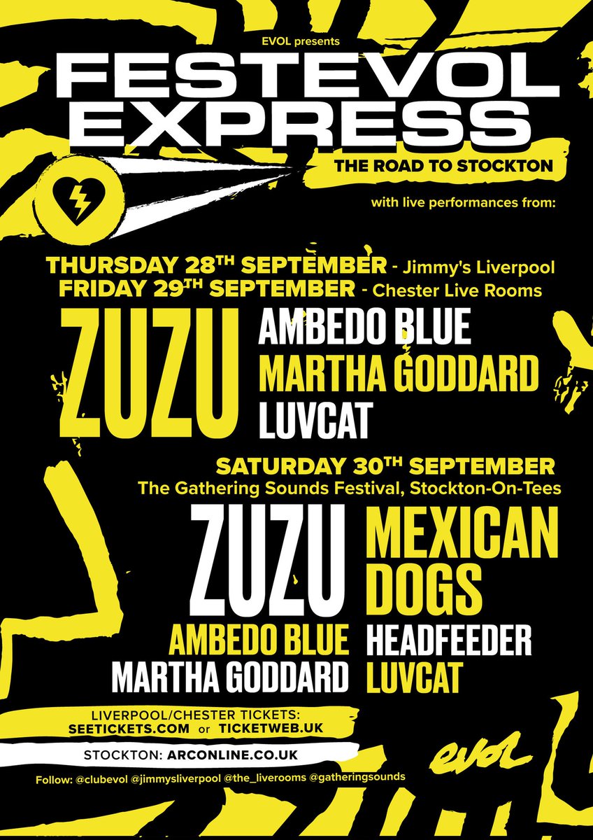 🚉 ALL ABOARD THE FESTEVOL EXPRESS 🚉 Heading to @JimmysLiverpool September 28th & @the_liverooms 29th w/ @thisiszuzu @Ambedo_Blue @MarthaGoddard8 & Luvcat then to our stage @GatheringSounds on the 30th, as above + @mexicandogs_ @headfeederband. TICKETS: seetickets.com/artist/zuzu/12…
