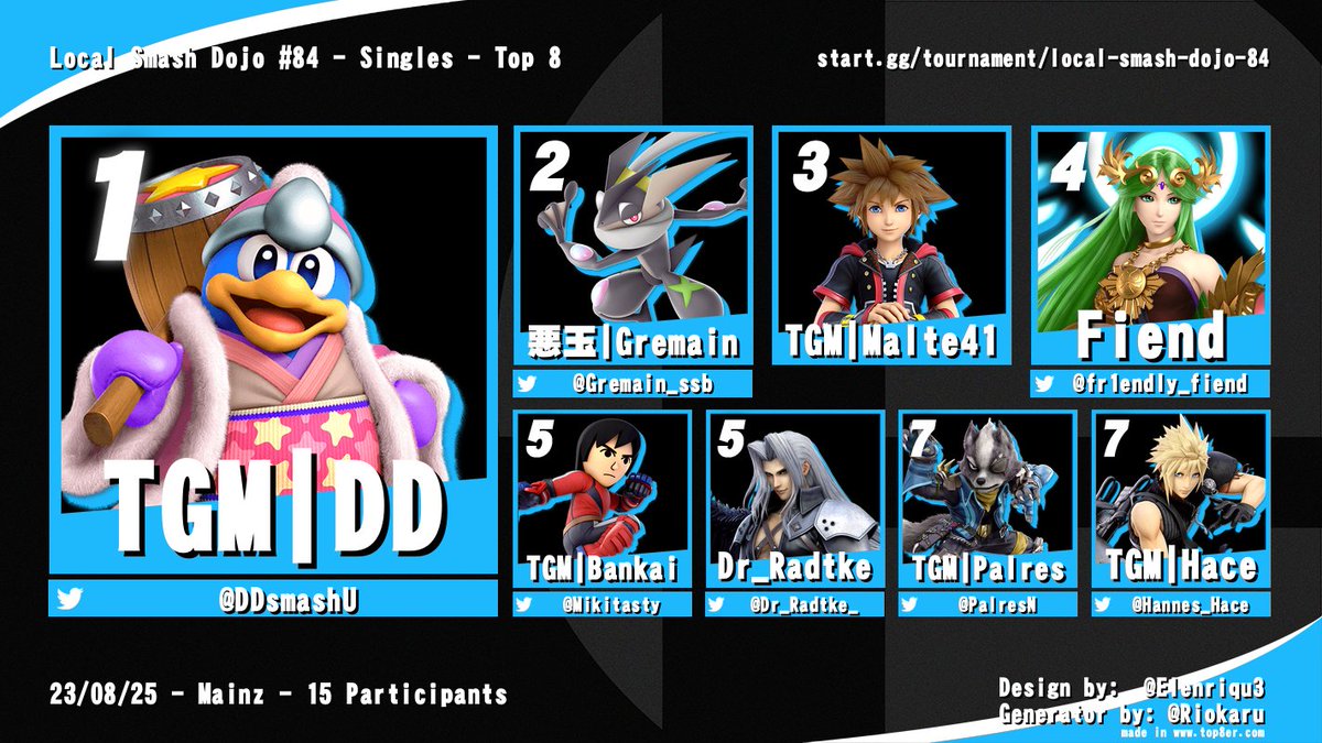 Hier seht ihr die Top 8 Grafik für unser Weekly vom letzten Freitag. Herzlichen Glückwunsch an <a href="/DDsmashU/">DD</a> zum Win!

Zur Anmeldung für das nächste Weekly geht es hier: start.gg/LSDW