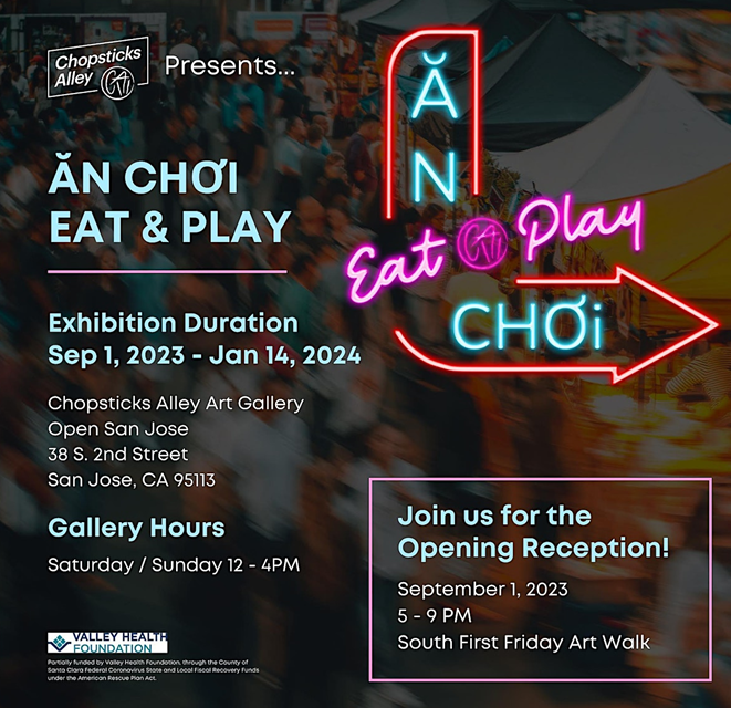 SJRacialEquity (@sjracialequity) on Twitter photo Ăn Chơi brings together 23 local artists to explore an eclectic blend of multicultural influences that portray the fun food scene. This exhibit reflects San Jose's diverse community & how we share & bond over food!
Join <a href="/chopsticksalley/">Chopsticks Alley</a> for the opening reception tomorrow! Ăn Chơi brings together 23 local artists to explore an eclectic blend of multicultural influences that portray the fun food scene. This exhibit reflects San Jose's diverse community & how we share & bond over food!
Join <a href="/chopsticksalley/">Chopsticks Alley</a> for the opening reception tomorrow!
