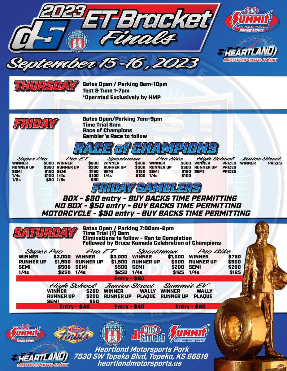 Pre-Registration is OPEN for the NHRA West Central Division 5 ET Finals! See more information about the event on the flyer below and pre-register here: bit.ly/47WjVqE #HouseOfSpeed