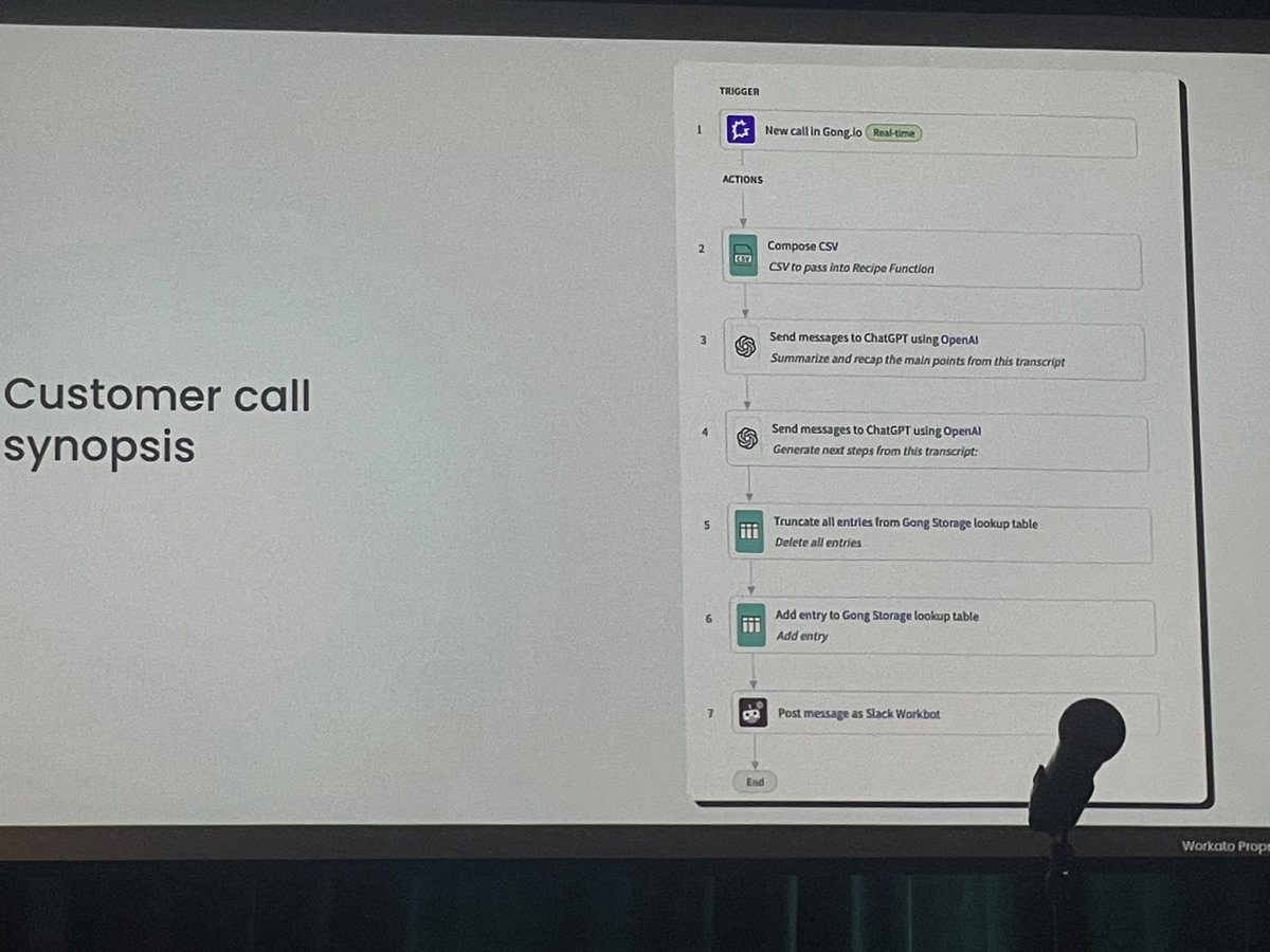 chrishaleua's tweet image. AI Case study: save thousands of hours per year by spending only a few minutes on this example call recap recipe. Notice the consistent recipe pattern of an asset generated by AI before human review and approval.  #WorkatoAutomate