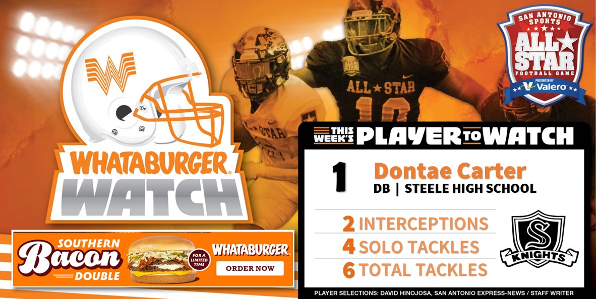 SA_Sports's tweet photo. . @Whataburger Watch - Week One Honoree
Highlighting some of the top talent in Greater SA!
Dontae Carter
DB Steele High School
2 Interceptions
4 Solo Tackles
6 Total Tackles
#WhataburgerWatch #txhsfb #SASAllStarGame https://t.co/FI8cSbetvY