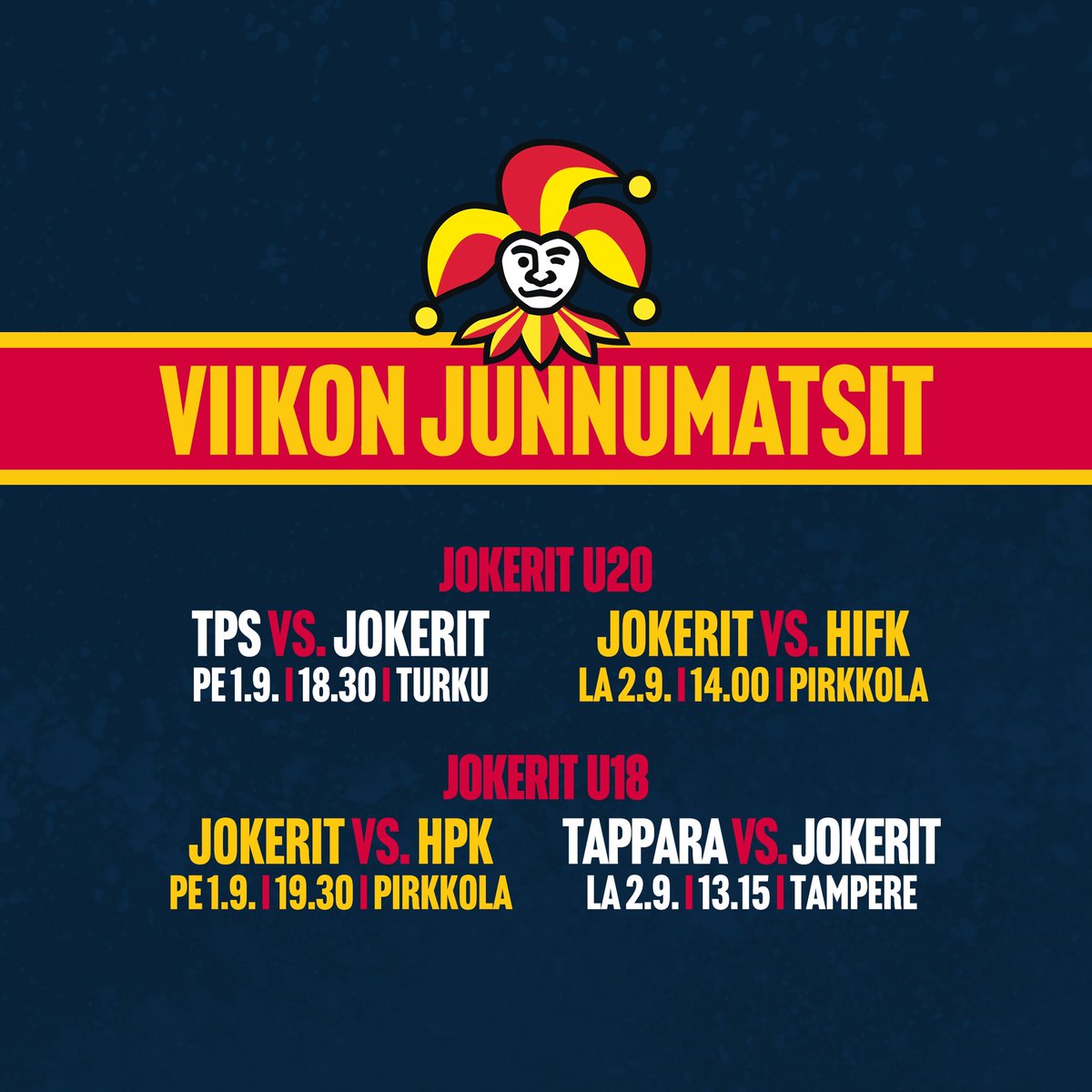 Pirkkolassa tapahtuu, kun Jokerit U20 ja Jokerit U18 aloittavat SM-sarjansa🔴🟡

U20-kotipeleihin kausikortin voi ostaa osoitteessa store.jokerit.fi. Liput ovelta 8€ ja lapset (7-16v) 4€ (vain korttimaksu). 

Samalla tuet Jokereiden juniorityötä.