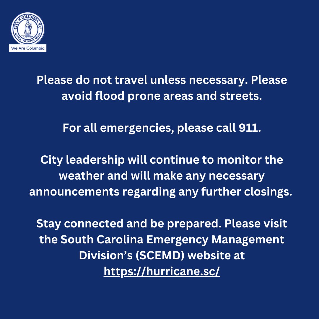 Due to inclement weather with the approach of Hurricane Idalia, The Rapid Shelter Columbia (RSCO) will be open tonight, August 30, 2023. 

View each image for information on transportation and contact information.

For all emergencies, please call 911.

#WeAreColumbia