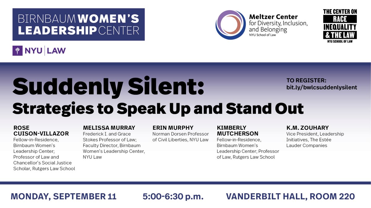 MONDAY, 9/11, 5 p.m.: We're getting so excited for our annual workshop for <a href="/nyulaw/">NYU Law</a> JD and LLM students, Suddenly Silent: Strategies to Speak Up and Stand Out, with @RCuisonVillazor, <a href="/ProfMMurray/">Melissa Murray (@ProfMMurray on Threads 🧵)</a>, @ErinMurphysLaw, Kimberly Mutcherson, &amp; K.M. Zouhary! RSVP: bit.ly/bwlcsuddenlysi…