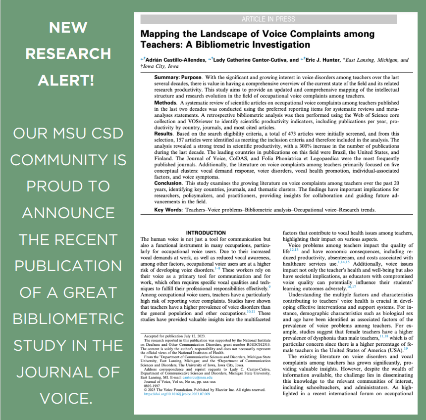 MSUComSciDis's tweet photo. New research alert! Led by our CSD PhD candidate, Adrian Castillo, along with our amazing friends and colleagues Dr. Hunter and Dr. Cantor, this study explores voice disorders among teachers.
Link: https://t.co/gNqL1fptLK
#MSUCSD #VoiceResearch #VoiceDisorders https://t.co/RRC02X3xG6