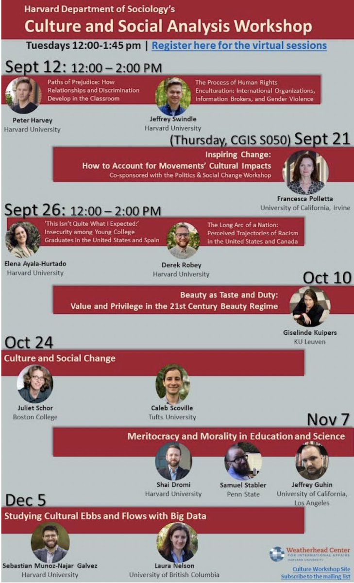 HarvardCulture's tweet photo. Please join us for Harvard’s Culture and Social Analysis fall workshop series!

Hear from local and visiting scholars at the forefront of cultural sociology. 

Topics include morality, organizations, discrimination, social change, big data, and more! 

https://t.co/uwisxefBCc https://t.co/paKxuprzHO