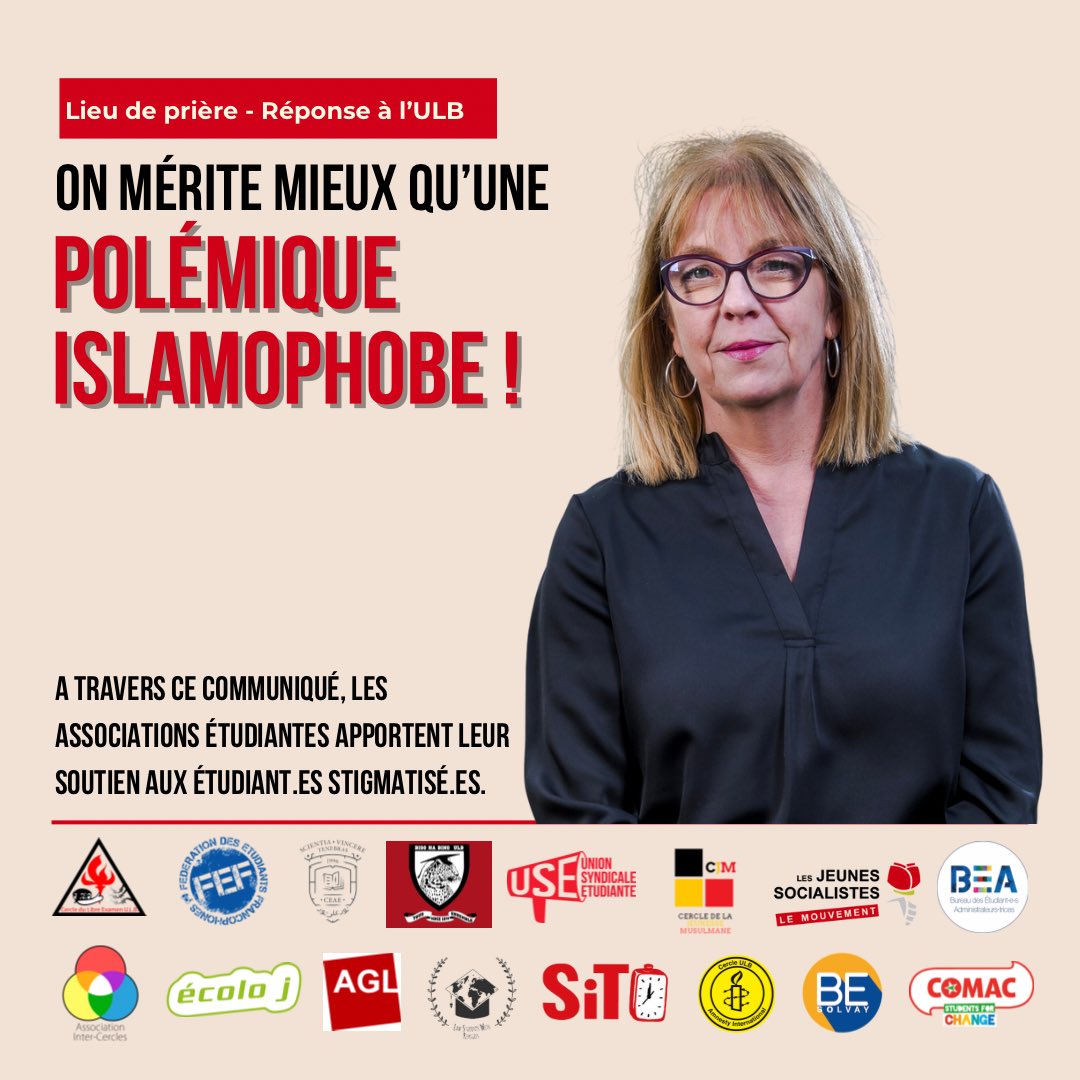 UnSynEtudiante's tweet photo. [COMMUNIQUÉ - LIEU DE PRIÈRE ULB] 

Avec différentes organisations étudiantes, nous publions un communiqué en soutien aux étudiant•es stigmatisé•es par la carte blanche de @NadiaGeerts &amp; la réponse de l’@ULBruxelles. (1/3) https://t.co/tVojEa2TgV