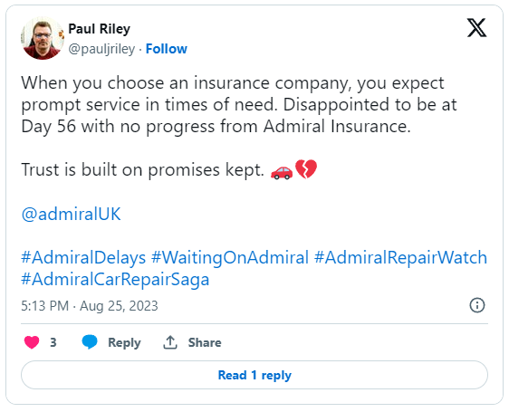 pauljriley's tweet photo. Day 61 of the Admiral Insurance journey: "Expert engineers" are now "liaising" with the repair centre over the estimate. 

Hope to see real progress tomorrow! 🚗🤞 

@AdmiralUK 

#AdmiralUpdate #WaitingOnAdmiral #AdmiralRepairWatch #AdmiralCarRepairSaga https://t.co/JjNH0qAnMT