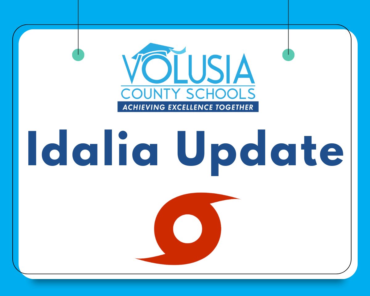 Good afternoon, VCS families,
We hope that this message finds you and your loved ones safe and secure after Hurricane Idalia made landfall in Florida this morning. While Volusia County was spared much of the impact, our thoughts go out to those who experienced and continue to