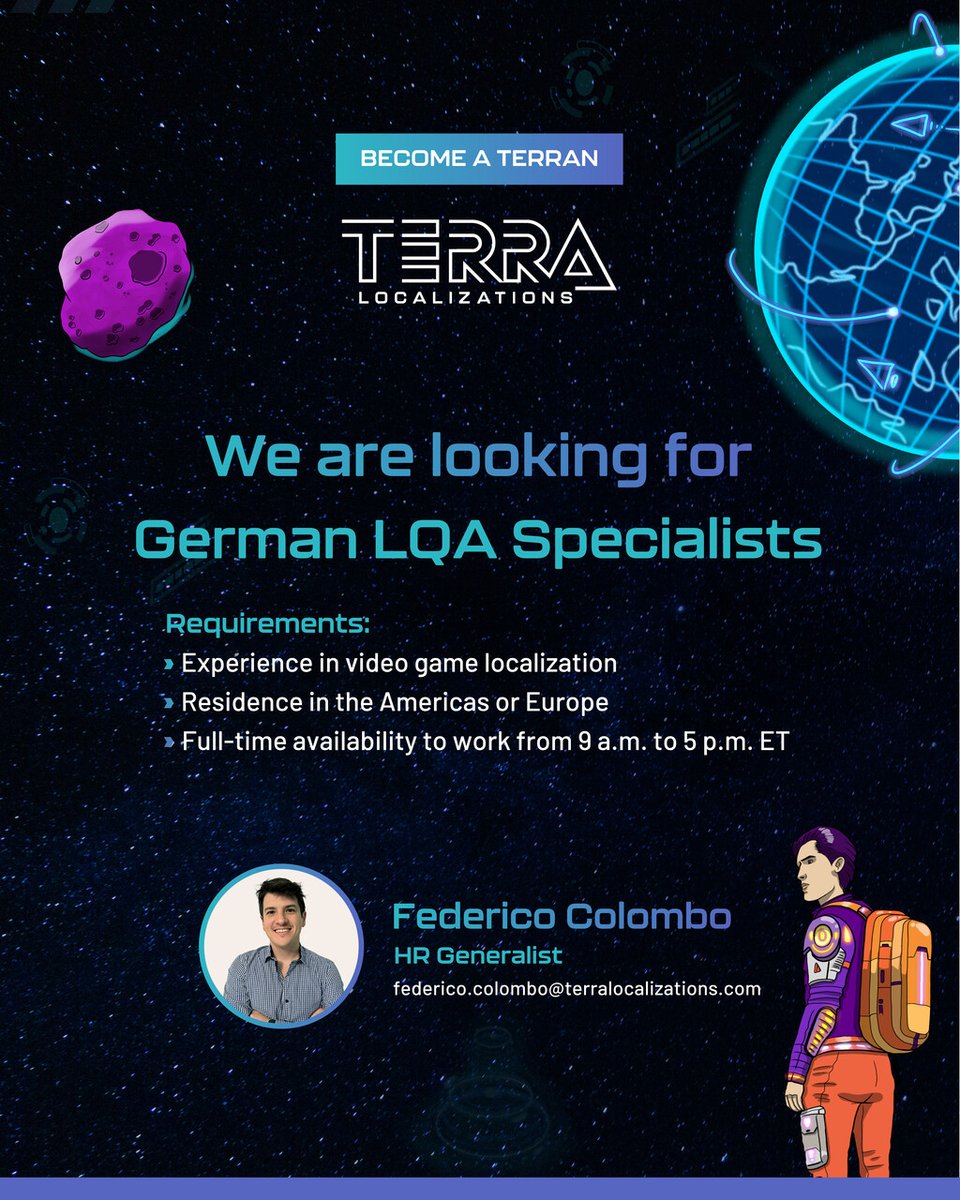 Terra_Loc's tweet image. Our team is on the lookout for German LQA Specialists!

This is a full-time position, with working hours from 9 a.m. to 5 p.m. ET. Please send your CV to federico.colombo@terralocalizations.com to apply

#Gaming #VideoGameLocalization #LQA #LocalizationQualityAssurance #GamingJob