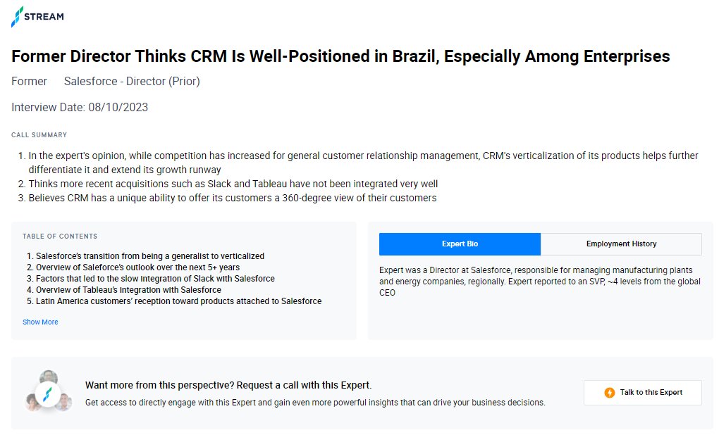 Former Director Thinks $CRM Is Well-Positioned in Brazil, Especially Among Enterprises

Call Summary:

1. In the expert's opinion, while competition has increased for general customer relationship management, Salesforce's verticalization of its products helps further
