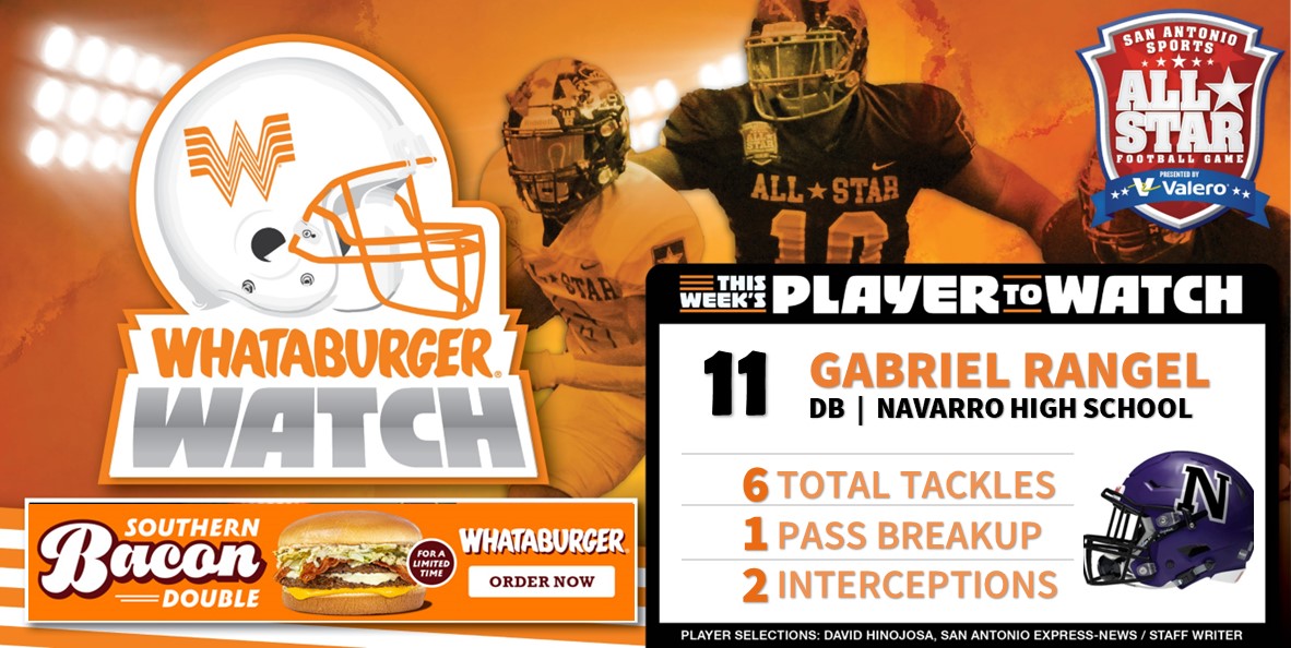 San Antonio Sports (@sa_sports) on Twitter photo . <a href="/Whataburger/">Whataburger®</a> Watch - Week One Honoree
Highlighting some of the top talent in Greater SA!
Gabriel Rangel
DB Navarro High School
6 Total Tackles
1 Pass Breakup
2 Interceptions
#WhataburgerWatch #txhsfb #SASAllStarGame . <a href="/Whataburger/">Whataburger®</a> Watch - Week One Honoree
Highlighting some of the top talent in Greater SA!
Gabriel Rangel
DB Navarro High School
6 Total Tackles
1 Pass Breakup
2 Interceptions
#WhataburgerWatch #txhsfb #SASAllStarGame
