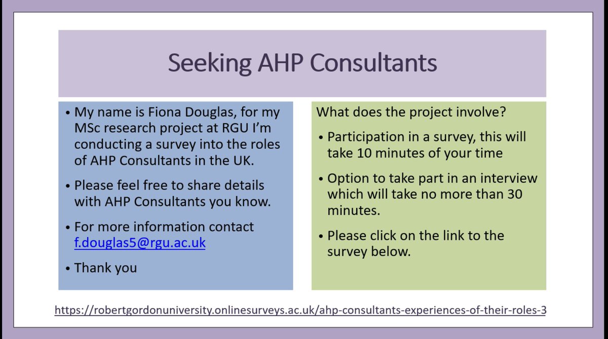 FionaDouglas9's tweet photo. Are you an AHP Consultant working in the UK? Please support my MSc research project by answering this survey 👇
https://t.co/4anCHHHOP3
Please share widely @RGUHealthSci @OfficialCAHPR @thecsp @theRCOT @RobertGordonUni @rgumscap @Physio_RGU https://t.co/fL119jcdbg