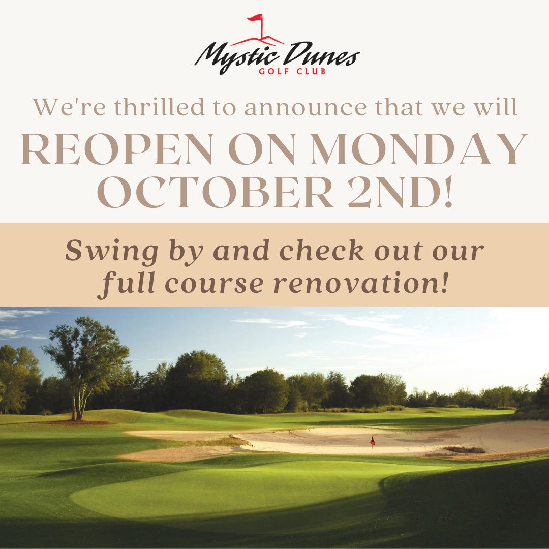 We are so excited to welcome you back! We are reopening on Monday, October 2nd, 2023. 

Book your tee time online: mysticdunesgolf.com 

Swing by and check out our FULL COURSE renovation! 
⛳ All greens have been resurfaced and restored to their original shape and size wi ...
