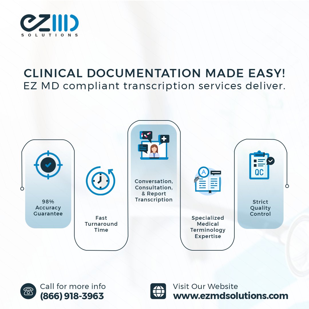 EZMDSolutions's tweet image. EZMD transcription delivers 98% accuracy, fast turnaround &amp;amp; precise documentation of visits, consults &amp;amp; reports. Our medical expertise ensure flawless records.

Sign up today
📞 (866) 918-3963
🌐 ezmdsolutions.com

#EZMDSolutions #TranscriptionServices #DataRecords