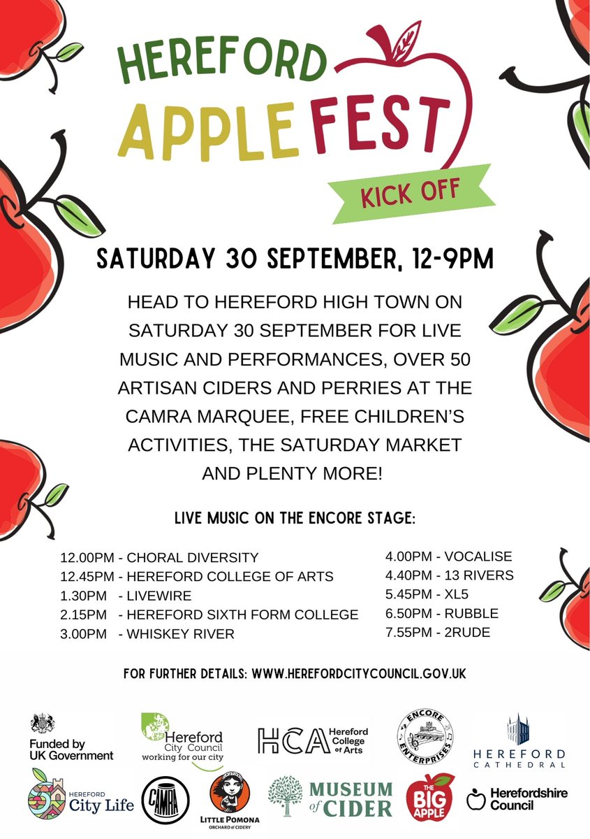 The #Hereford #AppleFest Kick Off is fast approaching on 30 September!

A day to celebrate one of Hereford's most iconic symbols, the apple.

Stay tuned for more details, including fringe events taking place around the County 30 Sept - 15 Oct. See more at: herefordcitycouncil.gov.uk/hereford-apple…