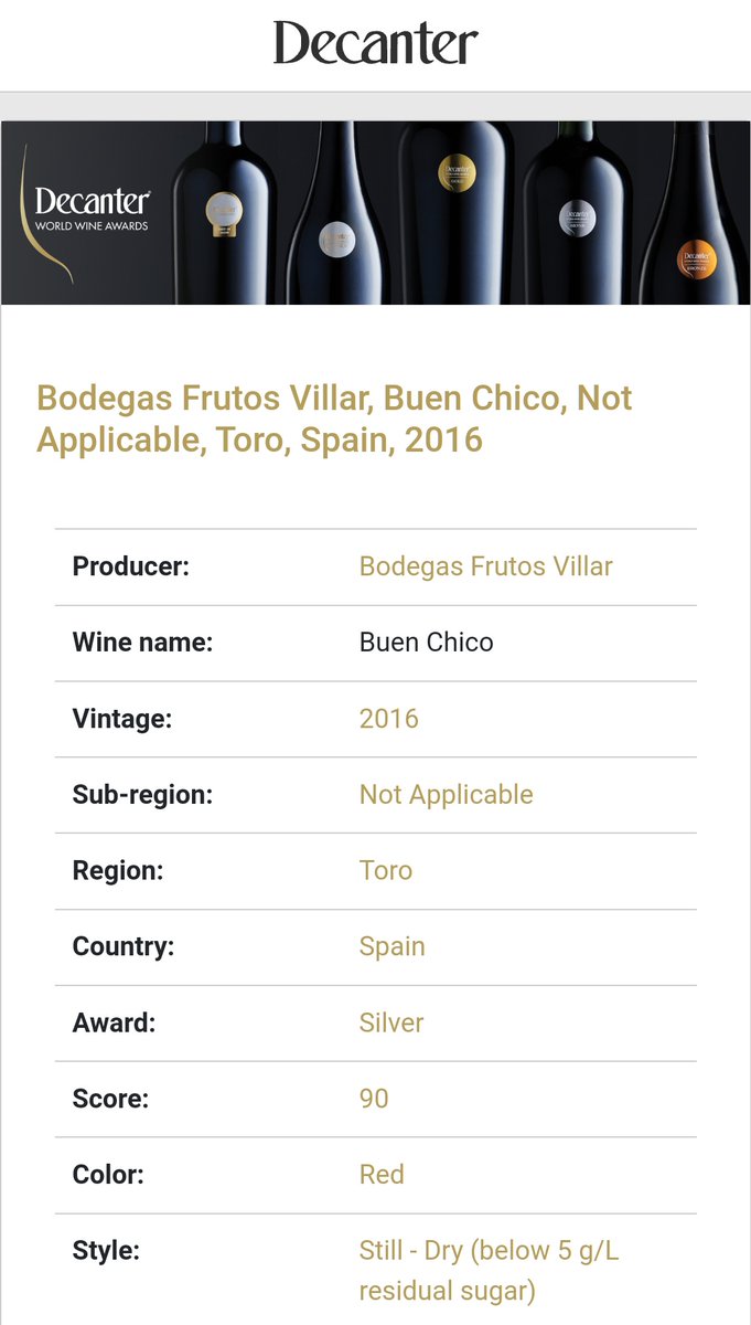 albjan71's tweet image. #BuenChico, vino tinto de @VinodeToro, medalla de plata 2023 con 90 puntos #Decanter en  @DecanterAwards
De @FrutosVillar, con una gran relación-precio.

awards.decanter.com/DWWA/2023/wine…