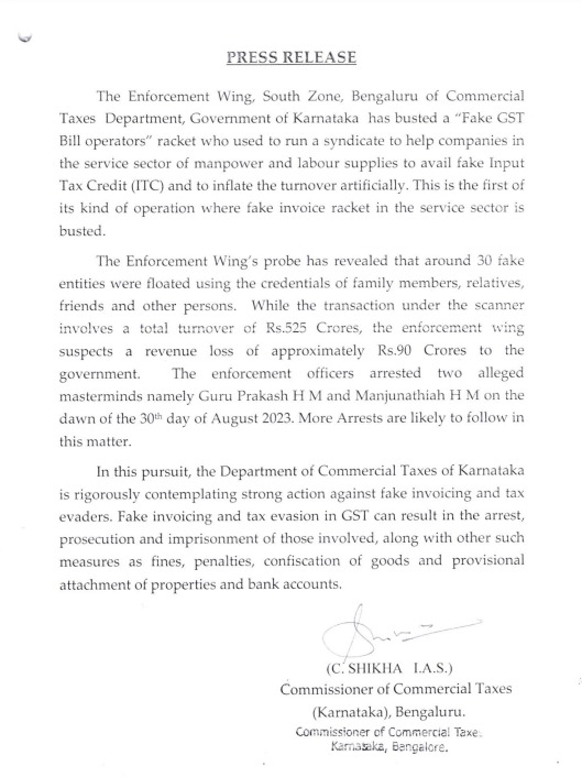 "Fake GST Bill operators are busted by CTD"

Around 30 fake entities were floated among family members, relatives, friends and other persons in manpower supply services. The Enforcement Wing, South Zone has busted a “Fake GST Bill operators” having turnover of Rs. 525 Crs