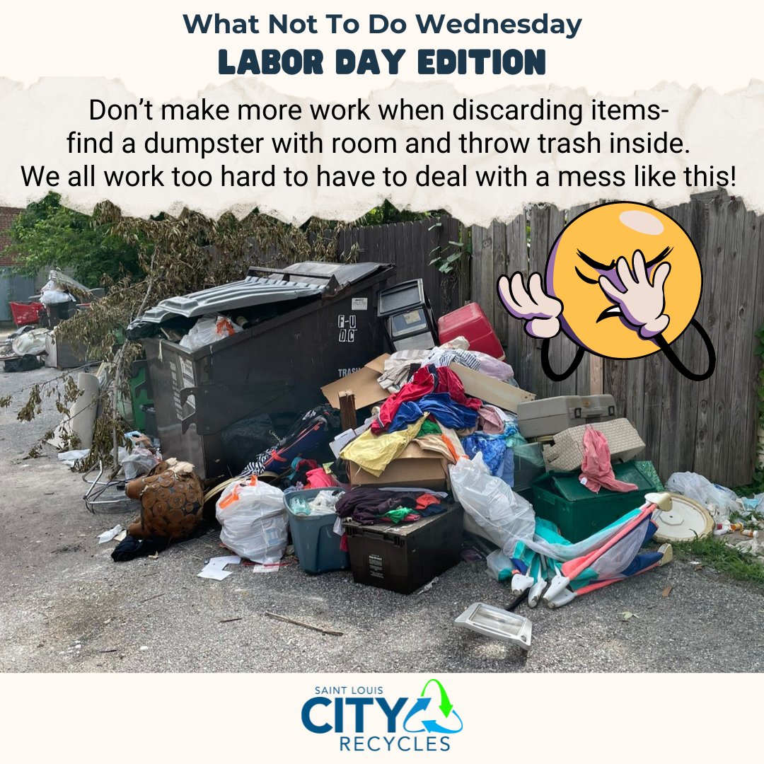 STLCityRecycles's tweet photo. Dumping is a real problem in STL.  Refuse drivers– and your neighbors –shouldn't have to deal with alleys like this.  Please show respect for workers, your neighbors and your neighborhood– put items INSIDE dumpsters.
#WhatNotToDoWednesday #LaborDay #STLCityRecycles #Dumping #STL https://t.co/orr1ns5O11