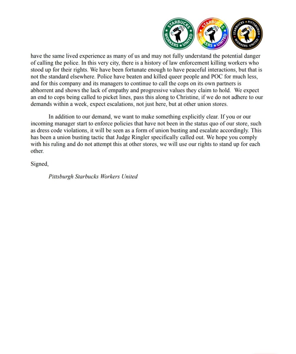 They requested an update regarding the demands that Bloomfield delivered to Regional Director Amy Tingler two weeks ago. They also highlighted the danger that managers place their workers in when they needlessly call the police when we are simply excercizing our rights.