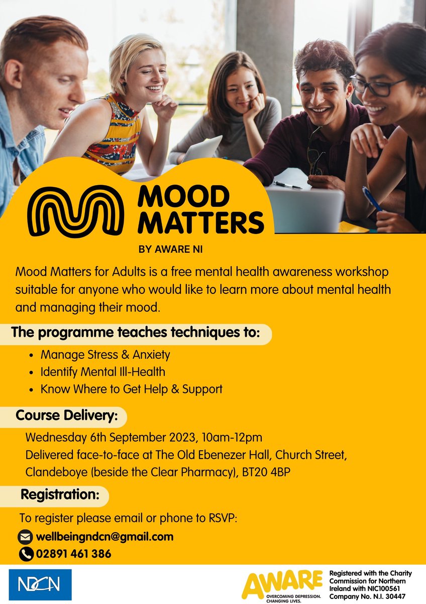 A week to go until <a href="/NDCN_Bangor/">North Down Community Network</a> in partnership with @AwareNI host a #MentalHealthAwareness workshop in Bangor for adults. Everyone welcome 💛 please help to share <a href="/PureMentalNI/">Pure Mental NI</a> <a href="/NIMentalHealth/">NI Mental Health Feed</a> #MentalHealthMatters