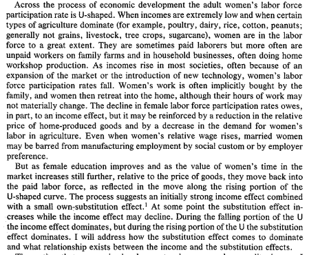 besttrousers's tweet image. Classic Claudia Goldin paper on this - there's a U shaped curve between GDP and labor force participation. 

The US is very much on the far right of the curve, such that income growth generally translate into "more women work" (which reduces fertility).

scholar.harvard.edu/sites/scholar.…