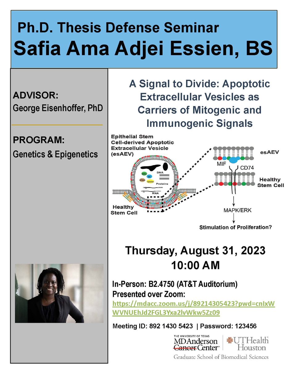 Tomorrow at 10am! @MDA_UTHGrad #gsbsthesisdefense #eisenhofferlab #signaling #apoptosis #extracellularvesicles