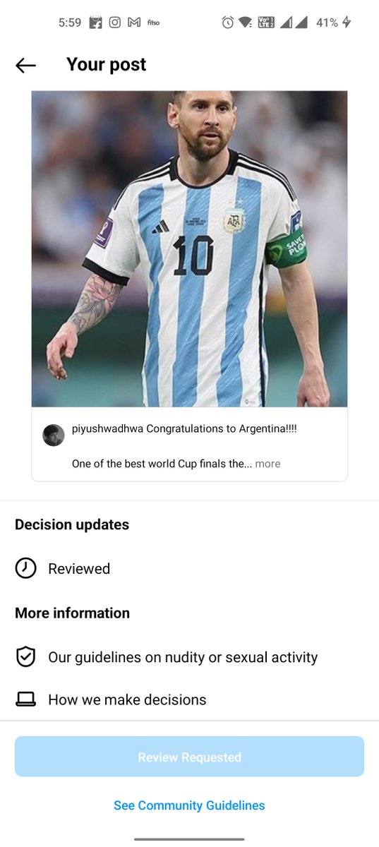 CuriousPiyush's tweet photo. I got recently reviewed for a Community Guideline violation on Instagram for an old post. I was initially surprised about the reported violation, as the post was about the Argentina's football world cup win with a photo of Lionel Messi in it. https://t.co/Nakaf8buwk