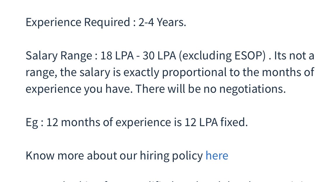 ankushdharkar's tweet photo. I like that. #Upfront

"Experience Required : 2-4 Years.

Salary Range : 18 LPA - 30 LPA (excluding ESOP) . Its not a range, the salary is exactly proportional to the months of experience you have. There will be no negotiations.

Eg : 12 months of experience is 12 LPA fixed." https://t.co/jvnvszCzlK