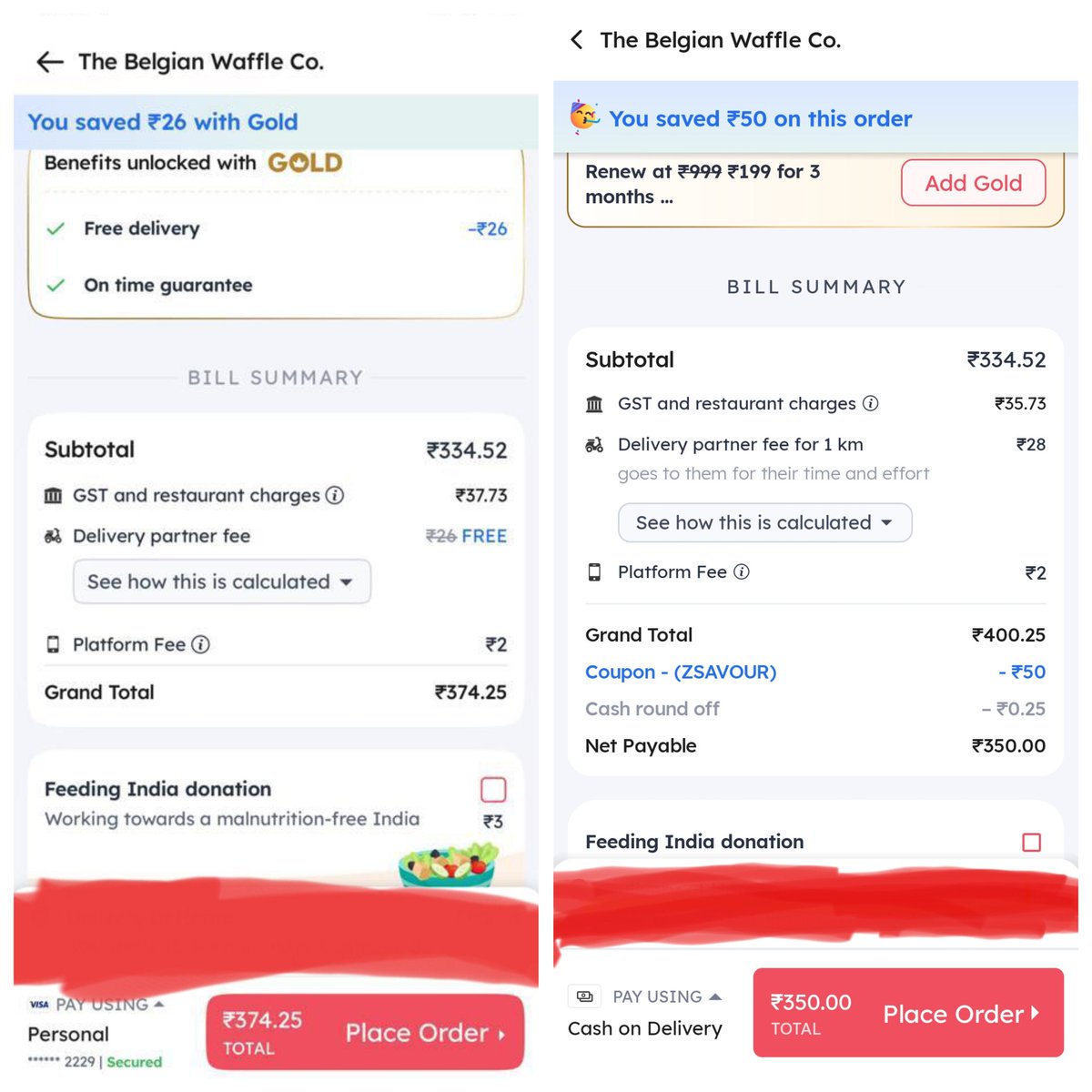 PunyaaPaaap's tweet photo. Zomato total bill with gold membership and without membership 😁 https://t.co/iGRMU99kcm