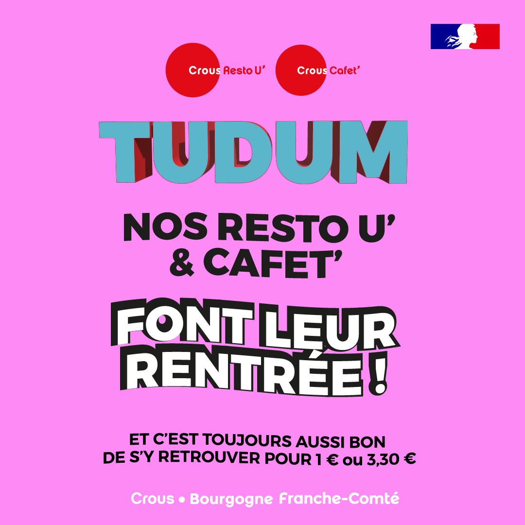 🚨 [OUVERTURE RESTAURATION • Rentrée 2023] 

Les vacances touchent à leur fin, bientôt le retour à l'université ! 🎒

🍲 C'est aussi l'heure de vous révéler les dates de réouvertures de vos Crous Resto' et Crous Cafet' en fonctionnement normal 😉

👉 crous-bfc.fr/2023/08/29/ren…