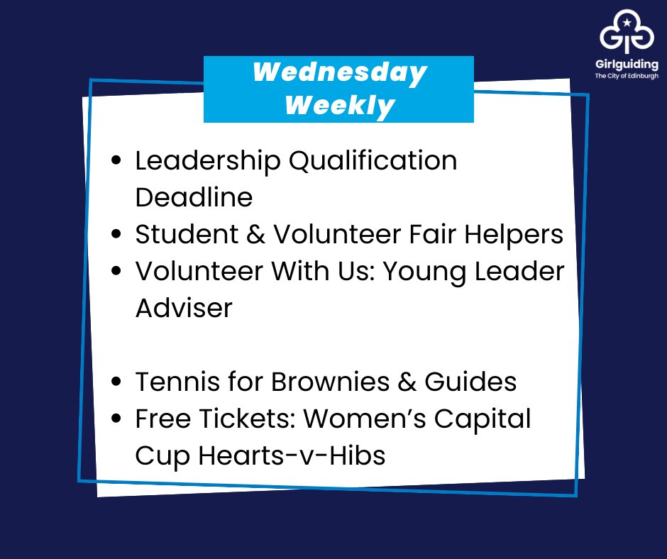 📨 Check your email or the #GirlguidingEdinburgh Adult Members Page for more details.

#LeadershipQualification #LQ #deadline #VolunteerFair #volunteer #YoungLeader #tennis #WomensCapitalCup #Hearts #Hibs #GirlguidingEdinburgh #Girlguiding