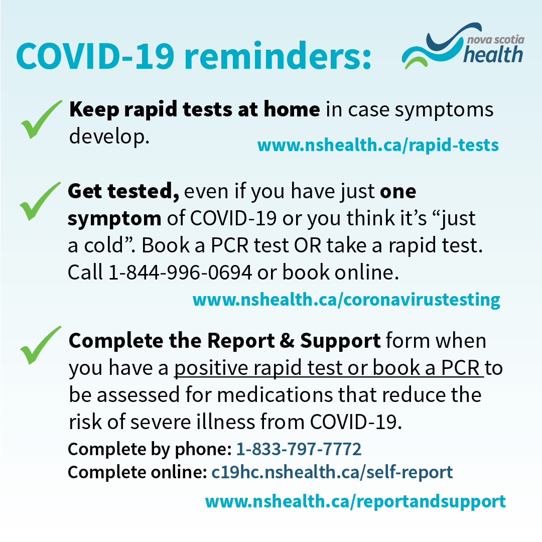 HealthNS's tweet photo. COVID-19 is still a concern and a significant health risk to many in our province. Remember to:
1. Get tested
2. Fill out the Report &amp; Support form online if you test positive
3. Get your next COVID-19 vaccination this fall when available
Learn more: https://t.co/ZqjdotIEB7 https://t.co/rvIdcEoaaU