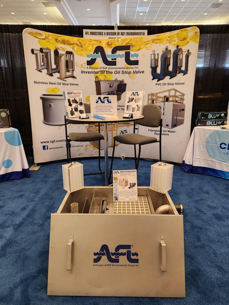rgfenvgroup's tweet photo. Stop by booth 302 @StormCon to learn about #AFLindustries reliable corrosion resistant oil separators, oil stop valves, safety sumps and oil skimmers! Check out RGF's IAQ solutions for commercial applications. #StormCon #CleanAirInBuildingsChallenge #CleanAirIsLife #MadeInAmerica https://t.co/5ixvjGSMDc