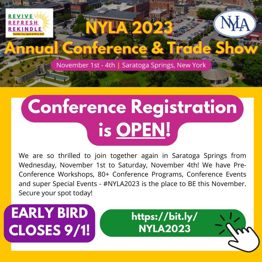 Early Bird Deadline is this Friday, 9/1! bit.ly/NYLA2023 NOTE: NYLA offers both Bill Later and PO options to allow registrants the opportunity to register w/o being asked to provide payment at that time. Any registrant who is unable to attend has until Oct 16 to cancel.