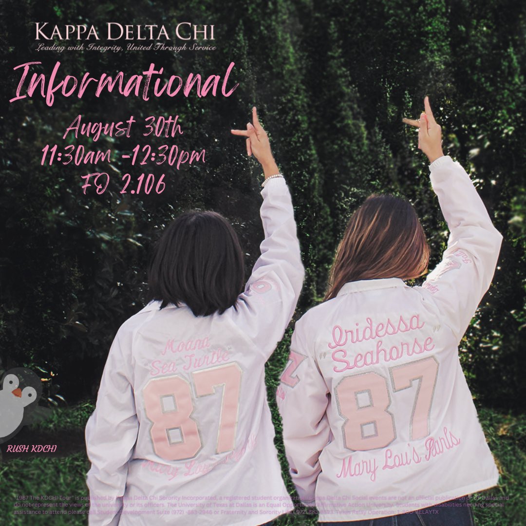 UTDKDChi's tweet photo. — ★  SISTERHOOD INFORMATIONAL 💕★ —
Come learn all about Kappa Delta Chi and what being apart of our sisterhood entails. TODAY 11:30-12:30pm at our third Rush Event of the semester ♡ 

Location: FO 2.106

♡ INTEREST FORM IN OUR BIO • QUESTIONS? DM US ♡ https://t.co/xObgml4SE8