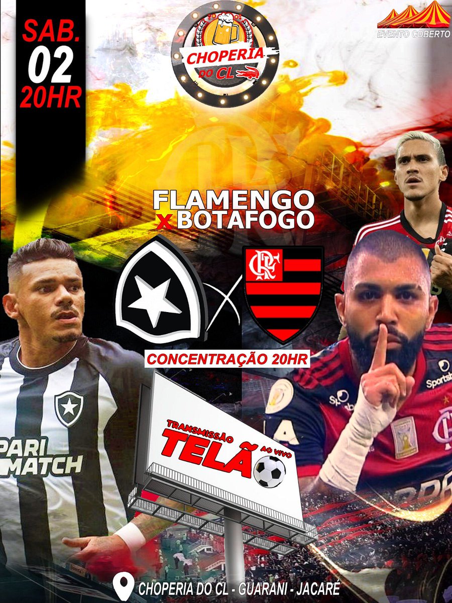 Sábado a partir das 20h  Tem Transmissão ao vivo do jogo do Flamengo e Botafogo aqui na choperia