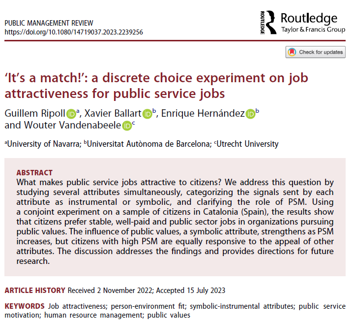 How to improve your employer brand as a public organization and increase attractiveness ? Combining an employer branding perspective with several theoretical insights. 

New article <a href="/PMReview_/">Public Management Review</a> with <a href="/Guillem_Ripoll/">Guillem Ripoll</a> , Xavier Ballart and Enrique Hernandez  doi.org/10.1080/147190…