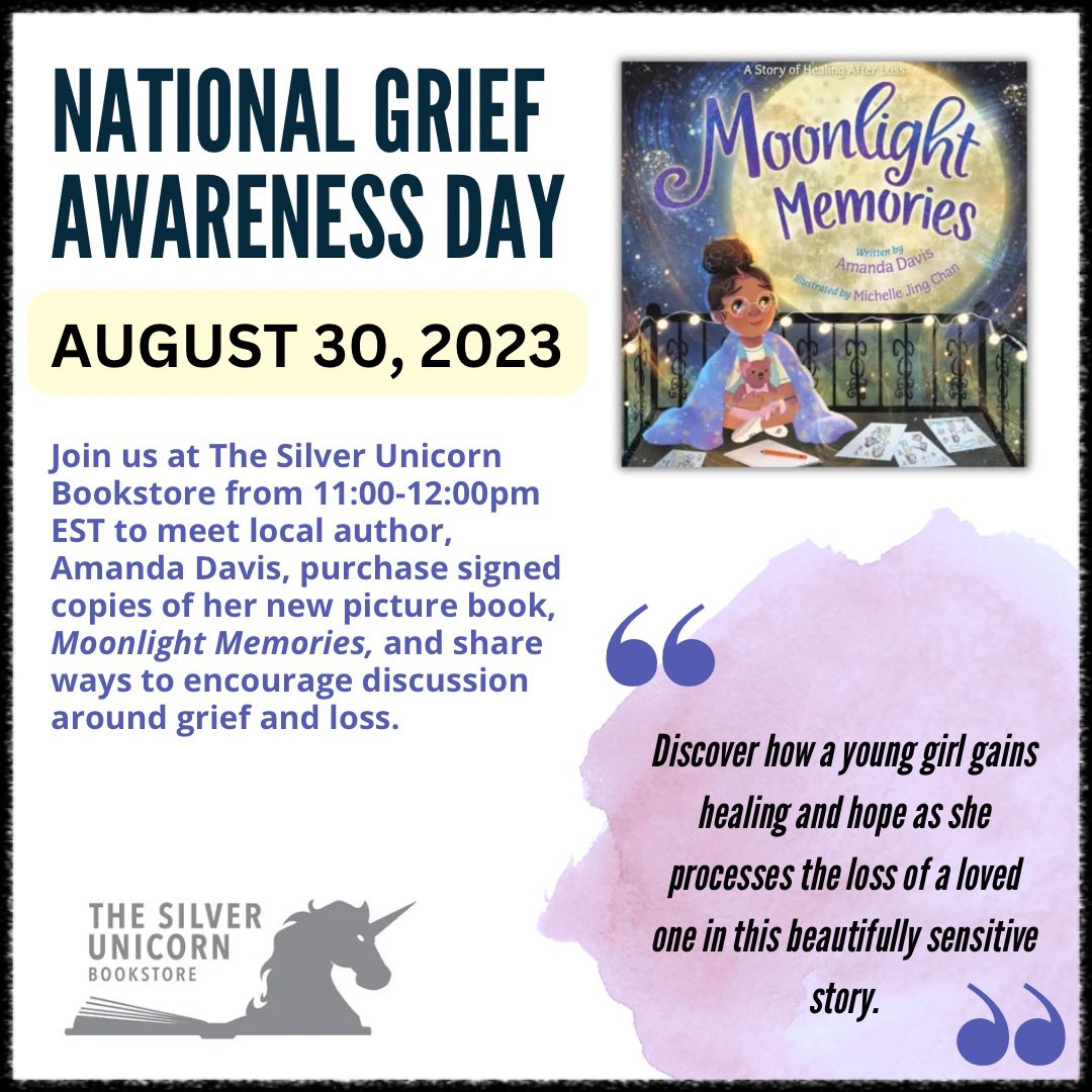It’s #NationalGriefAwarenessDay! Find me at the awesome <a href="/SilUnicornActon/">Silver Unicorn Books</a> 
where I’ll be signing copies of Moonlight Memories and looking to chat!  Let’s continue to do our part to normalize discussions around death and dying. 💜 #moonlightmemories
#griefbooks