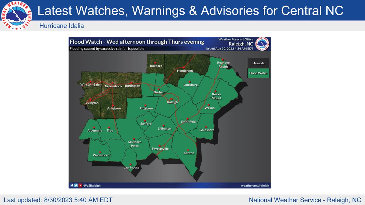 JoCoEmerServ's tweet photo. The latest information concerning #HurricaneIdalia from the NWS Raleigh
A Flood Watch is in effect for JoCo beginning Wednesday afternoon through Thursday evening
We can expect sustained winds between 15-30 mph & gusts between 30-40 mph
#JoCoReady https://t.co/PAAGwrFlYk