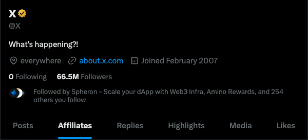 Breaking news 👀

<a href="/X/">X</a> has made Affiliates, a new feature live for companies who have opted for <a href="/premiumbusiness/"></a> Orgs directly on the company's profile.

This will streamline all the Affiliate accounts of a particular organization under one tab. Great move 👏 

WDYT about this feature? 🤔